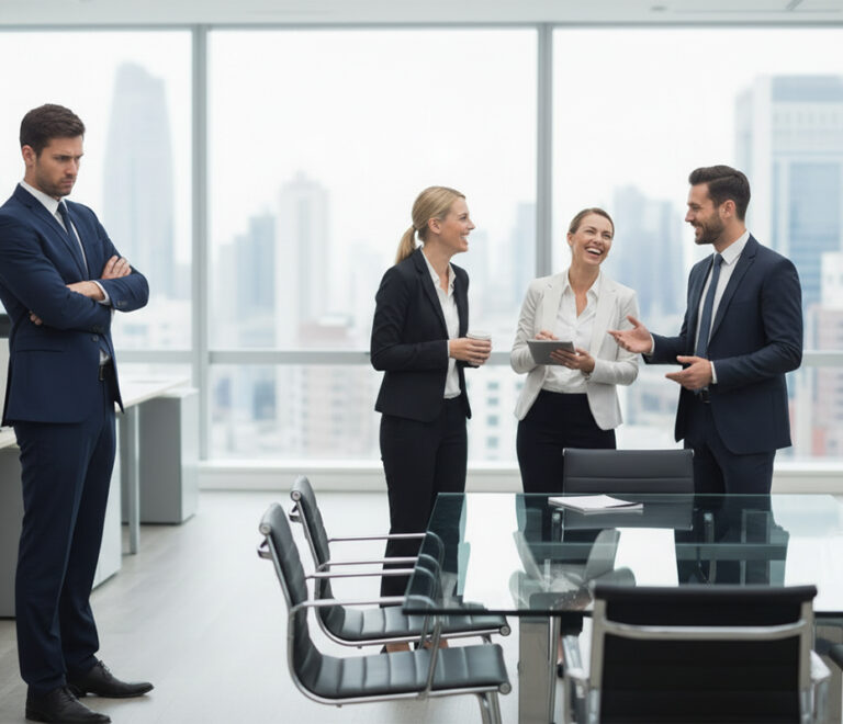 Professionals talking and one disgruntled