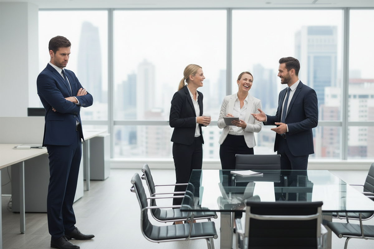 Professionals talking and one disgruntled